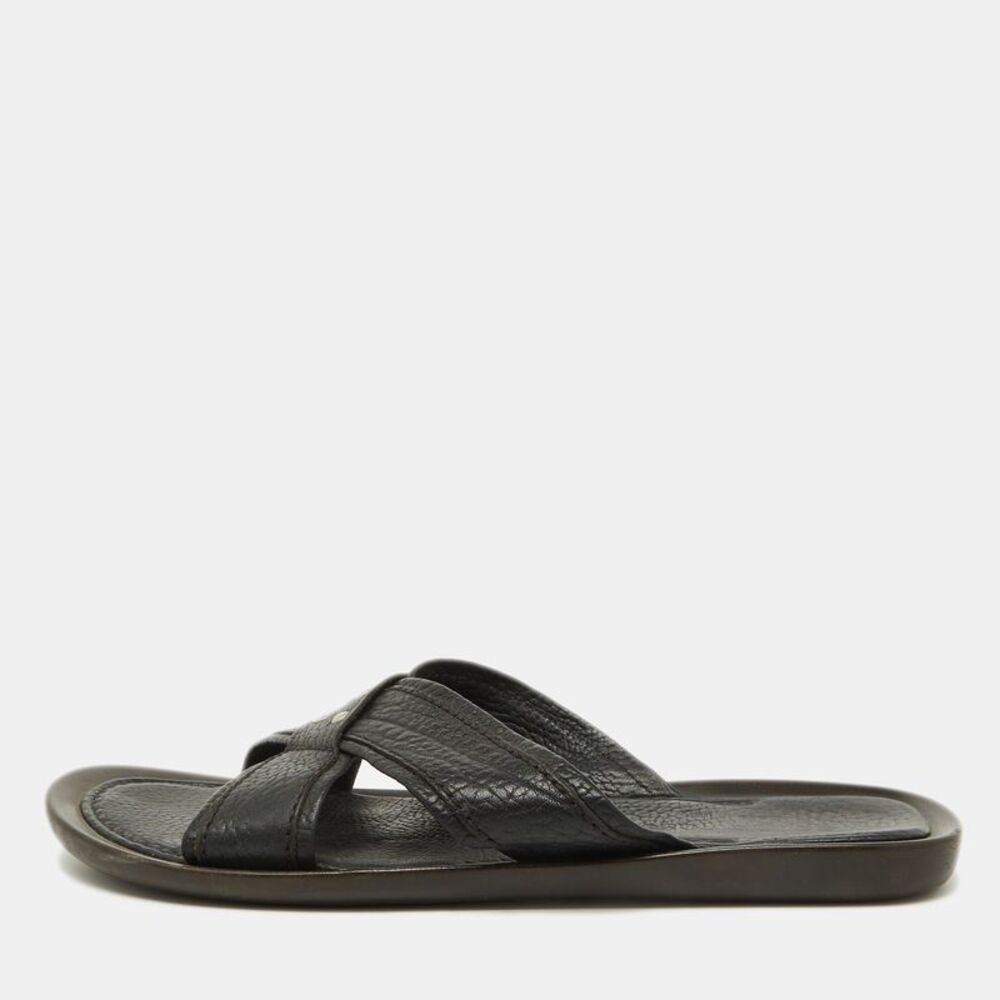 Sergio Rossi Black Leather Cross Strap Flat Sandals Size 44.5